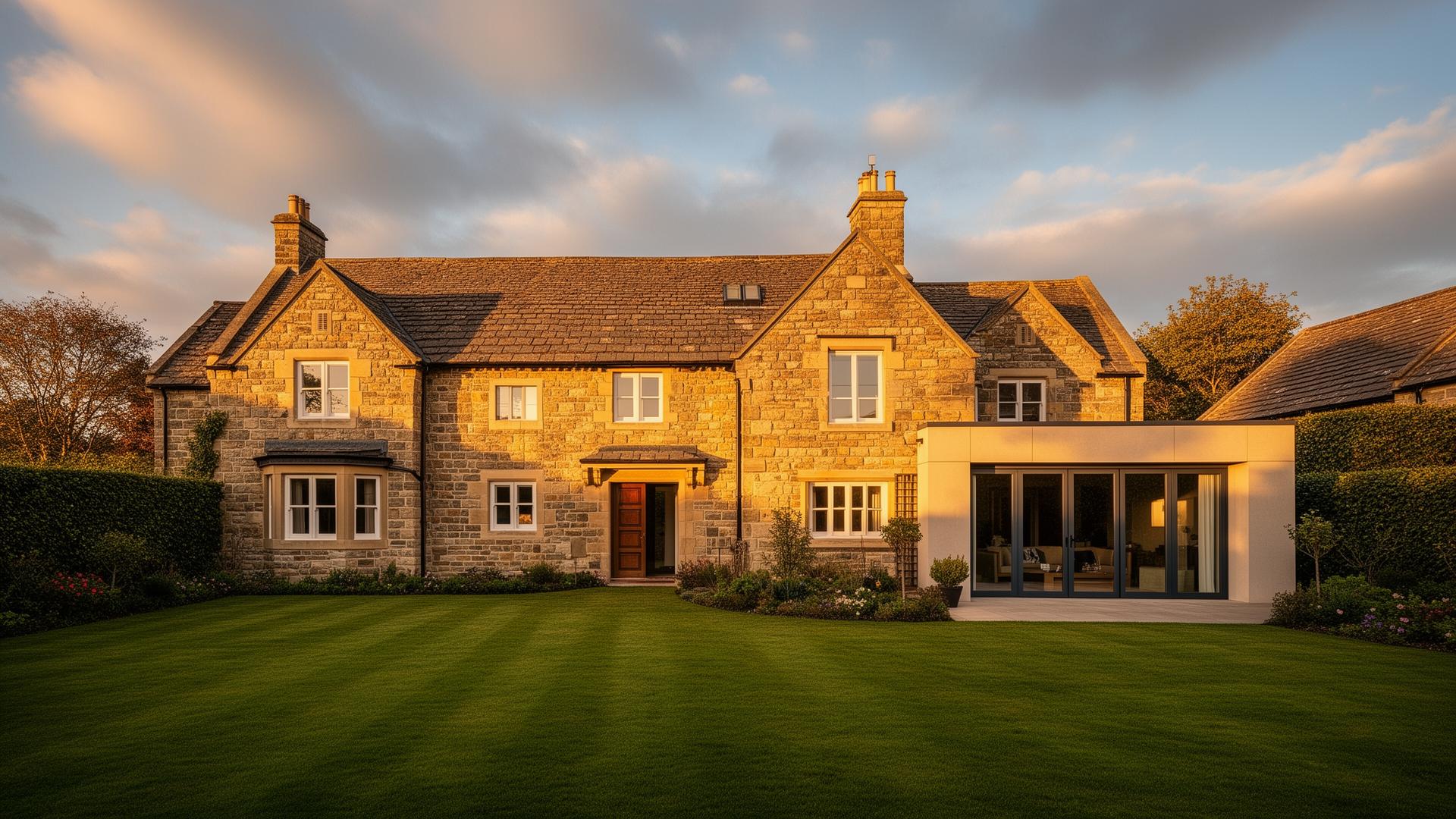 Beautifully completed traditional Yorkshire stone family home with modern rear extension at golden hour